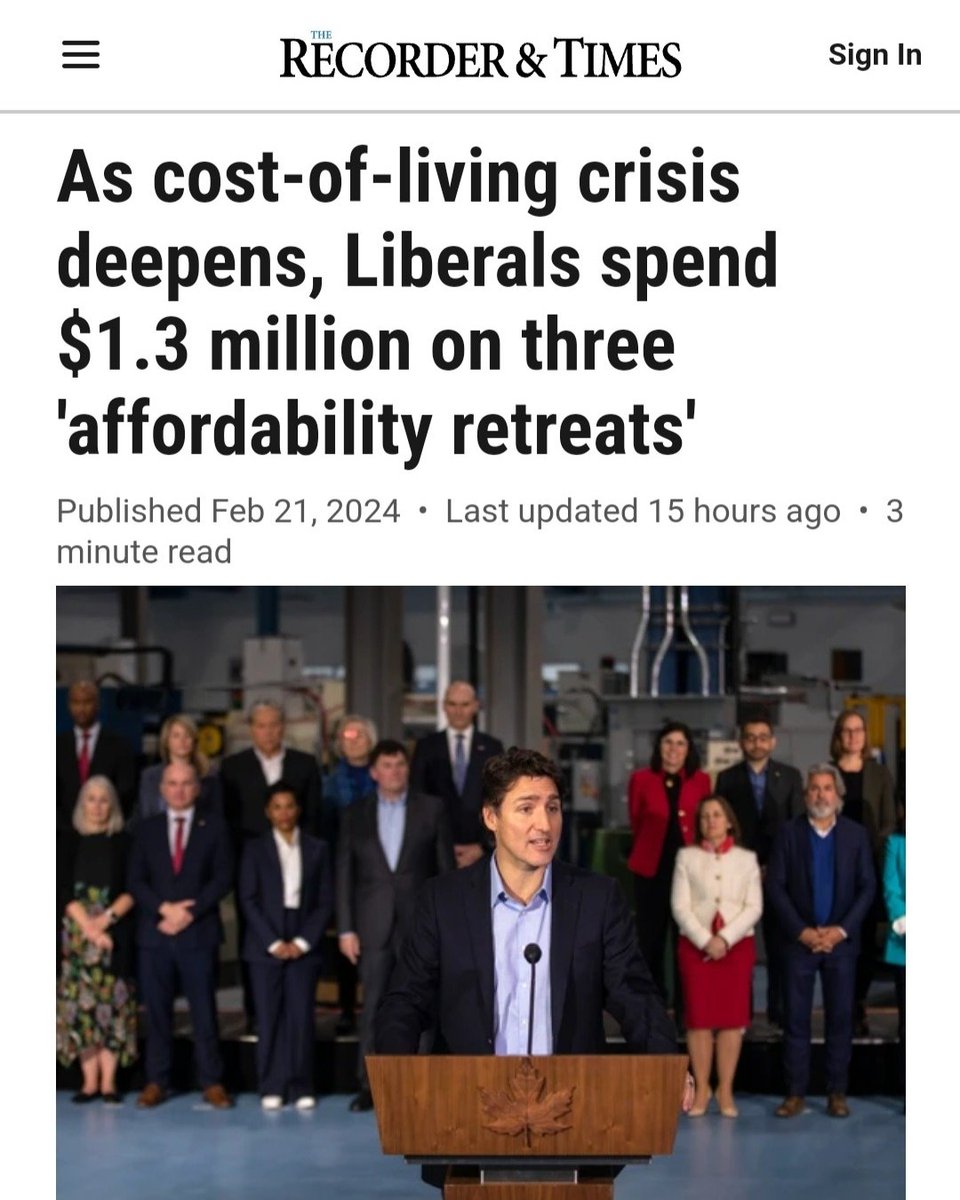 PierrePoilievre's tweet photo. So Trudeau charges you $1.3 million tax dollars to hold 3 “Retreats” with his cabinet complete with steak and seafood — and they make struggling single moms &amp; seniors pay for it.

Your money. His entitlement. He’s not worth the cost after 8 years.

https://t.co/WoEHq68Frg https://t.co/Kkaqkxv9CE