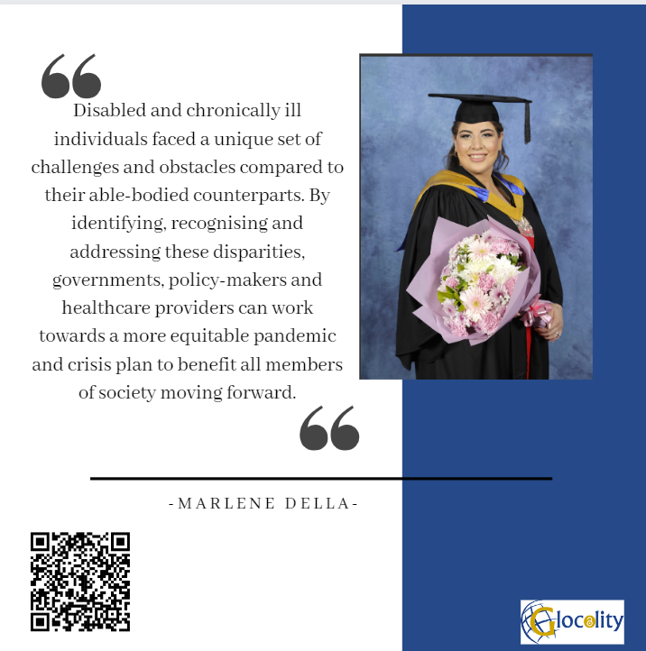 GlocalityWhc's tweet photo. Have you read #Glocality's article on the impact of COVID-19 on the lives of disabled people in Australia, Canada, the UK and the US? It was written by Marlene Della as an independent research during her studies in Australia. Scan the QR code to access the article!

#equity https://t.co/v4GSDovJkV