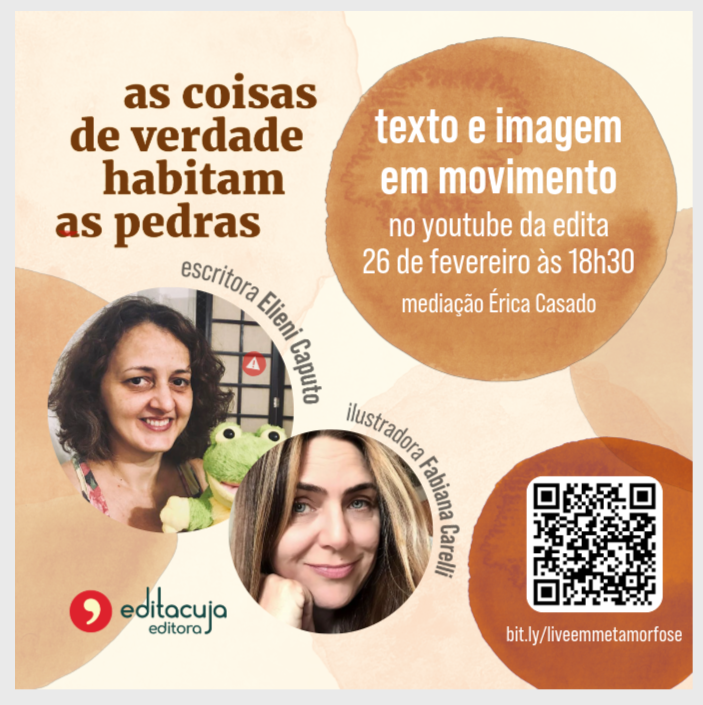 editacuja's tweet photo. 📚🎙 As Coisas de verdade habitam as pedras - texto e imagem em movimento.

26/02, 18h30, no nosso canal no youtube

Na próxima semana, teremos um encontro virtual - e muito real - com a escritora Elieni Caputo e a ilustradora Fabiana Carelli🎉 https://t.co/EcTY7S44uw
