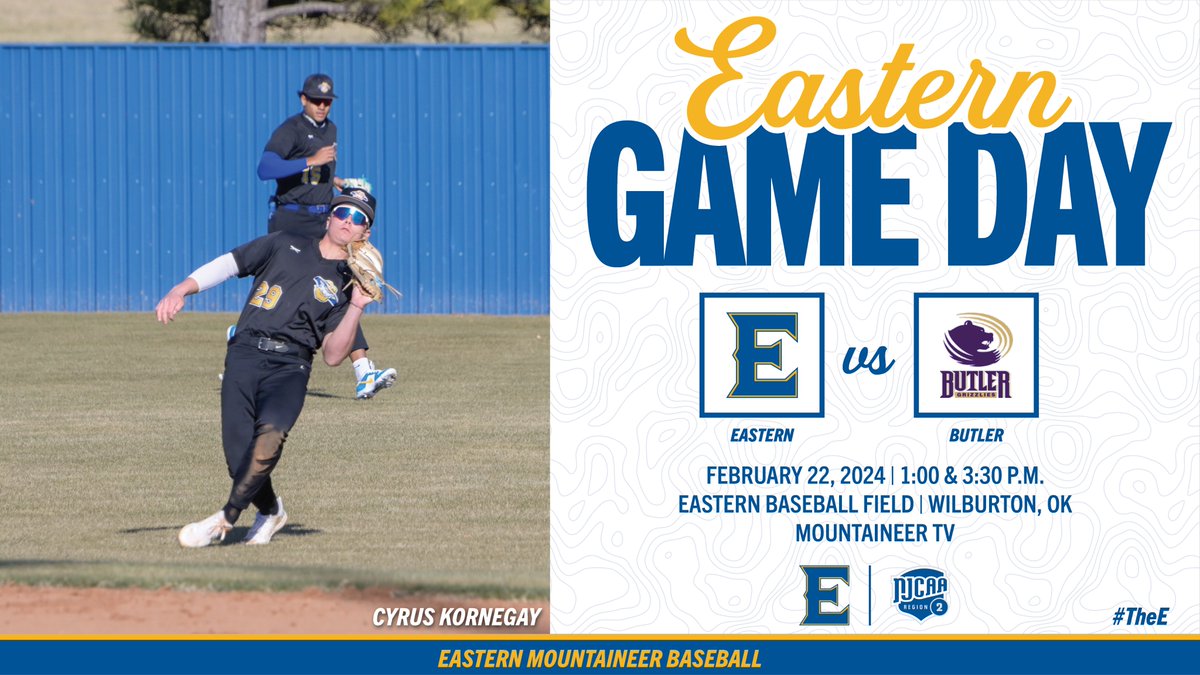 Game Day! The Mountaineers will host Butler in a doubleheader. Come out and support! #TheE #NJCAABSB ⚾️ vs. @Buco_Baseball ⏰ 1:00 & 3:30 PM 🏟 Eastern Baseball Field 📍 Wilburton, OK 🖥 eoscathletics.com/mountaineertv