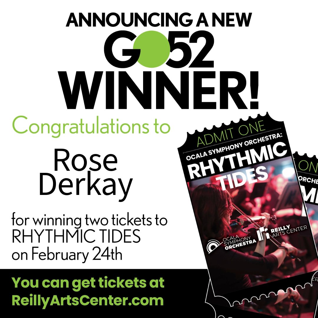 go52events's tweet photo. Congratulations to Rose Derkay for winning 2 tickets to see Rhythmic Tides at The Reilly!
Get your tickets at https://t.co/Wb190jWPdl!
.
#go52events #winner #contestwinner #artsandculture #ocalaarts #ocalamarion #marioncounty #theatre #thingstodo #events #ocalaevents #giveaway https://t.co/gjnUHG0ZfA