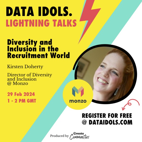 Our Diversity and Inclusion in the Recruitment World event is next week and we are SO excited 💃

Kirsten Doherty from Monzo is our fourth and final panellist ⚡️⚡️

You don't want to miss this! Sign up for FREE now 👇
bit.ly/3OEiF3x 

#DataIdols #Diversity #Recruitment