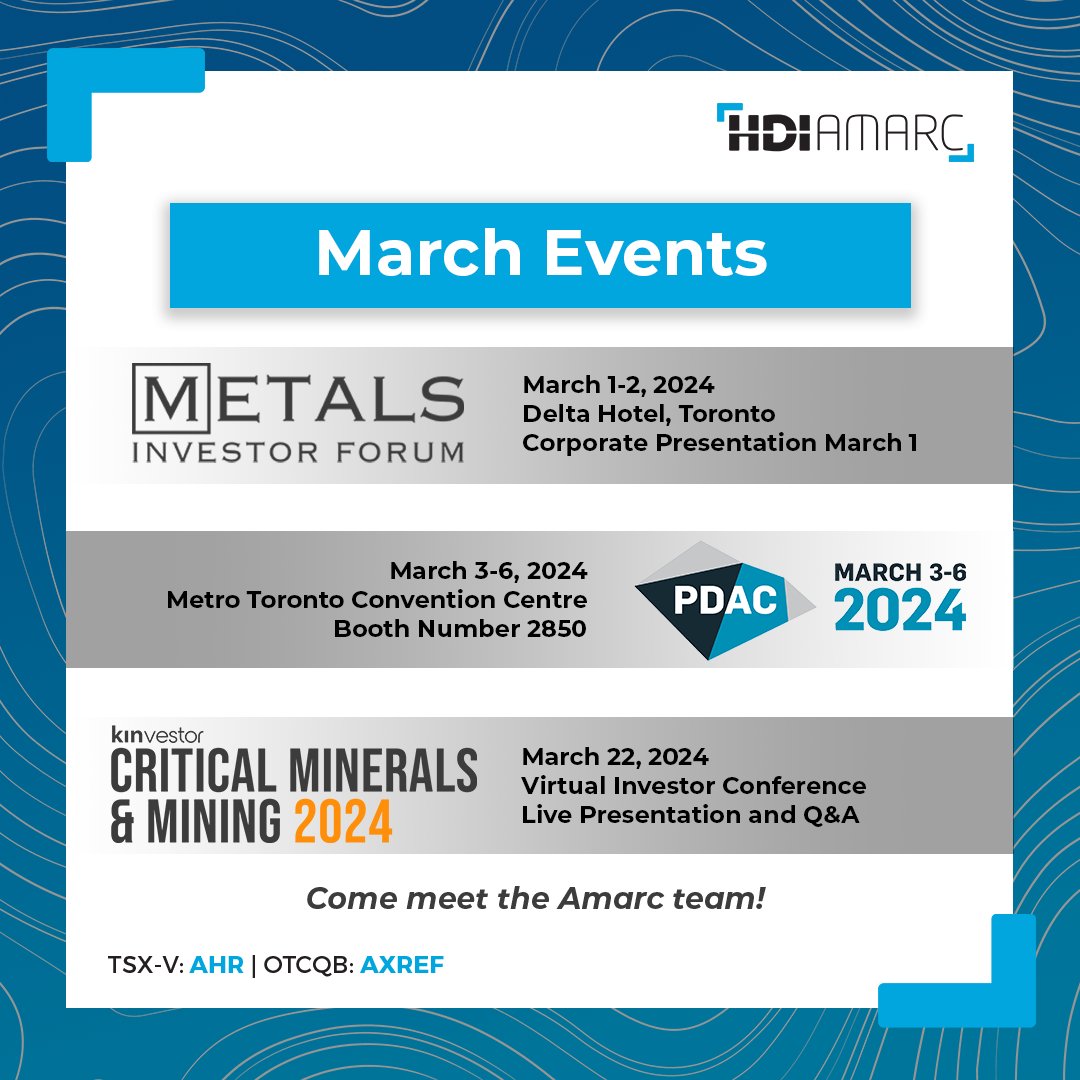 Amarc $AHR.V | $AXREF Announces March Conference Participation: ▶️ @MetalsInvtForum Toronto, March 1-2 ▶️ #PDAC2024 Toronto, March 3-6 ▶️ Kinvestor Critical Minerals & Mining Virtual Conference #KCMM24, March 22 Full release: hubs.li/Q02lW91c0