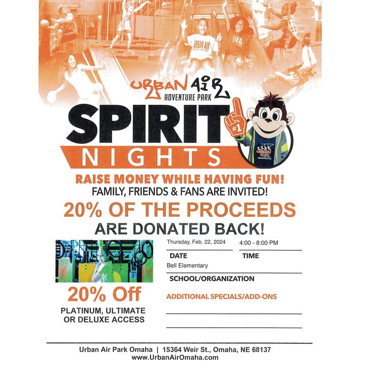 BellElementary's tweet image. Urban Air Bell Spirit Night
Thursday, February 22, 4:00-8:00 PM
20% of proceeds donated to the Bell PTO!
