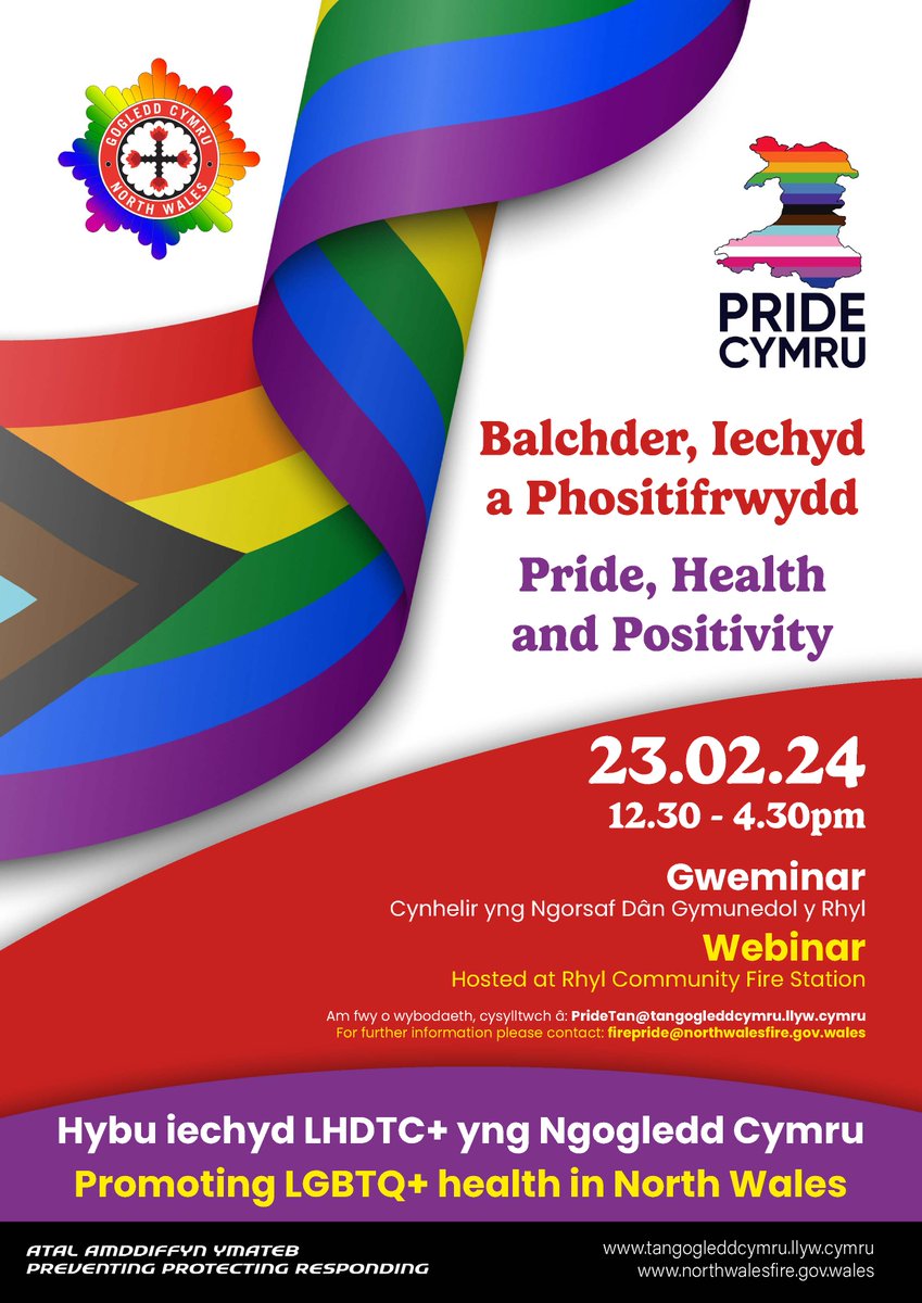 NorthWalesFire's tweet photo. We’re hosting a Pride, Health and Positivity event for @pridecymru at Rhyl Community Fire Station tomorrow afternoon to help promote LBTQ+ health in North Wales. 🏳️‍🌈
You can find out more and register to join online here:
https://t.co/i7bUnyPfr3 https://t.co/jDgZIHL6G1