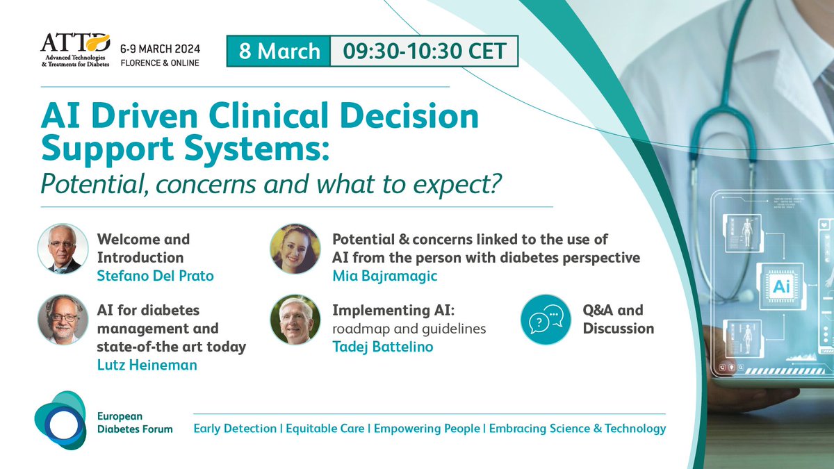 Join this <a href="/ATTDconf/">Advanced Technologies & Treatments for Diabetes</a> session to discuss the potential, concerns and what to expect from AI Driven Clinical Decision Support Systems for the management of diabetes <a href="/TBattelino/">Tadej Battelino</a> <a href="/SDelprato/">Stefano Del Prato</a> <a href="/DDG_Tweets/">Deutsche Diabetes Gesellschaft</a>