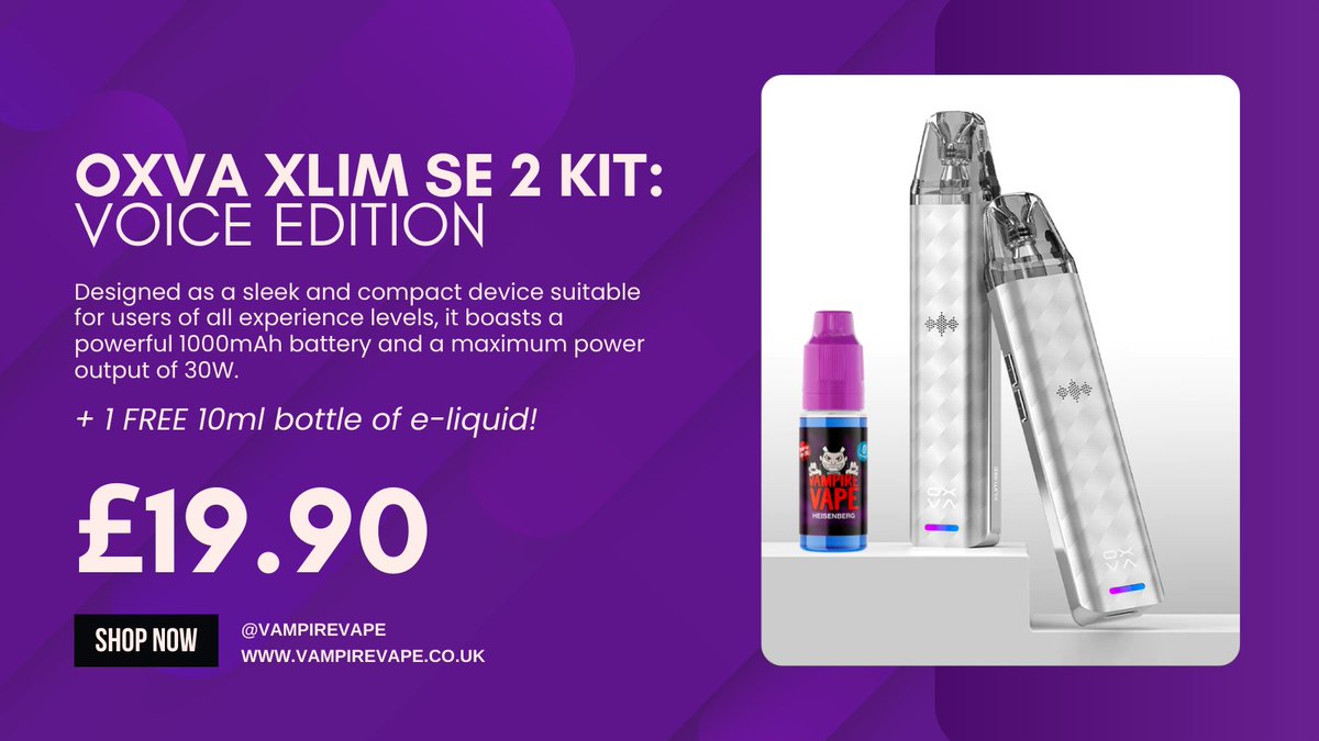 New Product Alert 📣

Elevate your vaping experience with the OXVA Xlim SE 2 Kit (Voice Edition) + FREE 10ml liquid for just £19.90.

Shop now 📲 vampirevape.co.uk