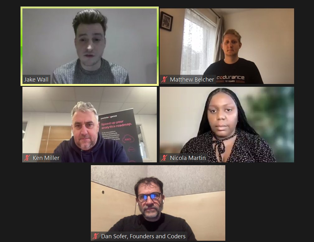 🤖 Exciting insights unfolding at our webinar on the future of software development in the age of AI, hosted by @jww_tech with industry experts: @matt_p_belcher of @codurance, @piKenMiller at @panintelligence, @nicolalmartin of @AdargaAI & @founderscoders.