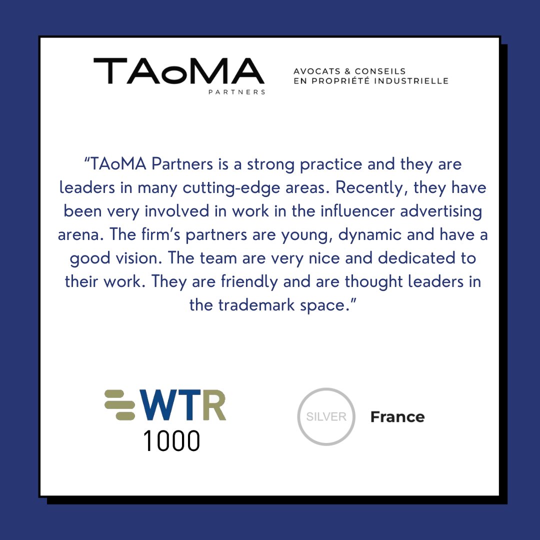 🥈 <a href="/TAoMA_Partners/">TAoMA Partners</a>  est à nouveau classé par le World Trademark Review dans son célèbre classement #WTR1000 en tant que « Silver Agency » en #France. Une reconnaissance que #TAoMA doit à ses clients et à toute son équipe ! Un grand merci à eux 🙏