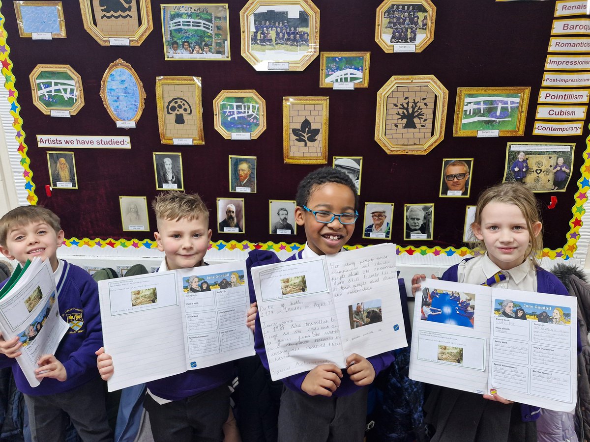 StAlbans_Sch's tweet photo. In Year 2, we have been researching the life and work of Jane Goodall, check out the children's fantastic fact files! #MrsF #womaninscience https://t.co/N59zITZSLg