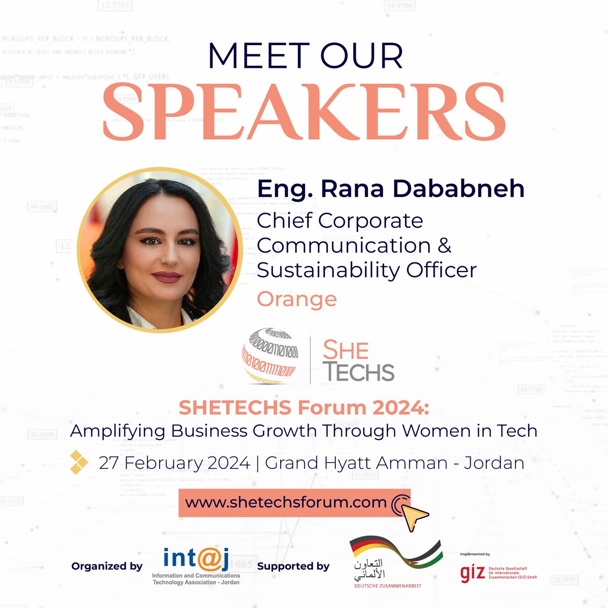 intajICTJO's tweet photo. Honored to have Eng. @r_dababneh, Chief Corporate Communication &amp; Sustainability Officer @orangeJo as one of our speakers at "#SHETECHSForum 2024:Amplifying #Business_Growth through #Women_in_Tech"

Join us for an Engaging Discussion
𝗥𝗲𝗴𝗶𝘀𝘁𝗲𝗿 now https://t.co/7dqeXoFPzc https://t.co/pIoU9CX51A