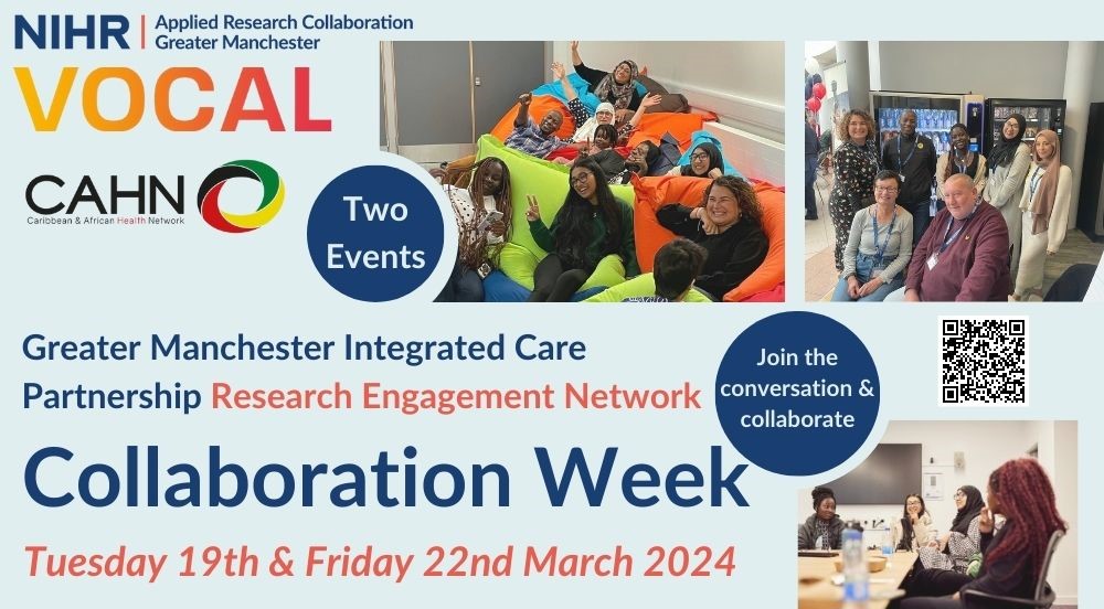 #CollabWeek24 🗣️ Two events to tackle representation gaps and systemic barriers in health and care research in #GreaterManchester. ℹ️ Details: bit.ly/3wuXCdn 💻 Virtual Event: bit.ly/4bUmImu 🎟️ In-Person Event: bit.ly/49mjZjO