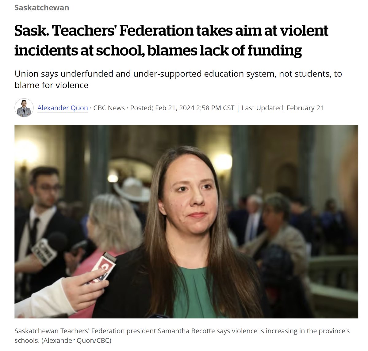 PCPSask's tweet image. "I do not blame the student for what happened [but] the system and the continued lack of government support that continues to let the [kids] fall through the cracks,"-Teacher Shelby

This is how badly the SK Party gov has failed our children.

New admin required! #skpoli #sask