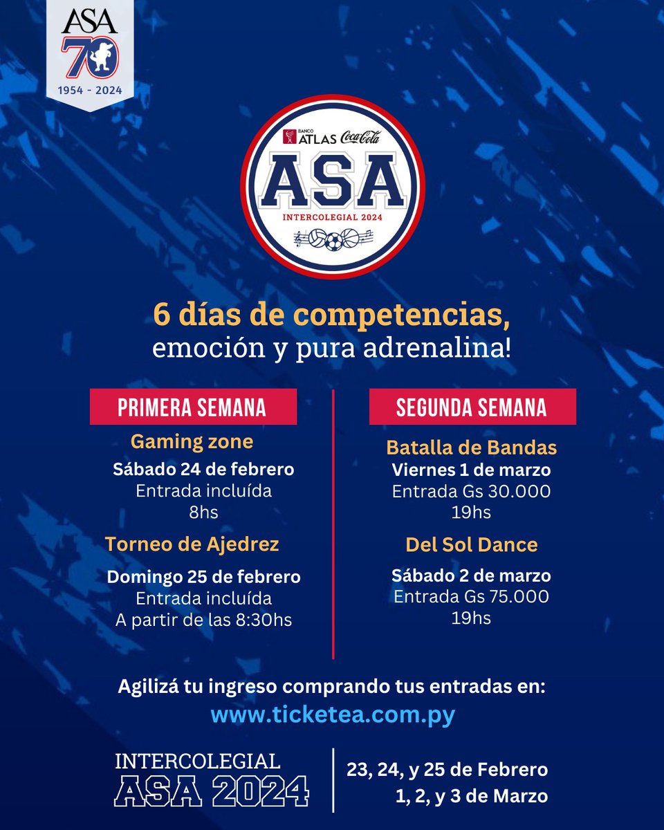 Ya llega el INTERCOLEGIAL ASA BANCO ATLAS COCA-COLA 2024🐊💥 ¡Este 2024 venimos con todo para celebrar el 70° aniversario del ASA! 🤩🗓️ 23, 24, 25 de febrero y 1, 2, 3 de marzo #IntercolegialASABancoAtlasCocaCola2024