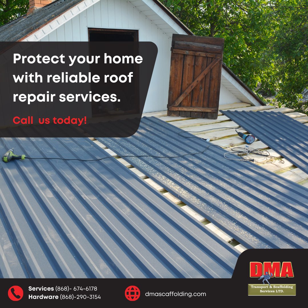 Safeguard your sanctuary with our top-notch roof repair services! 🏡 

Our skilled team guarantees a sturdy shield against the elements, preserving the integrity of your home. 

#RoofRepair #HomeProtection 🔧✨
.
Call us today! 📞 (868)-674-6178
Visit - dmascaffolding.com