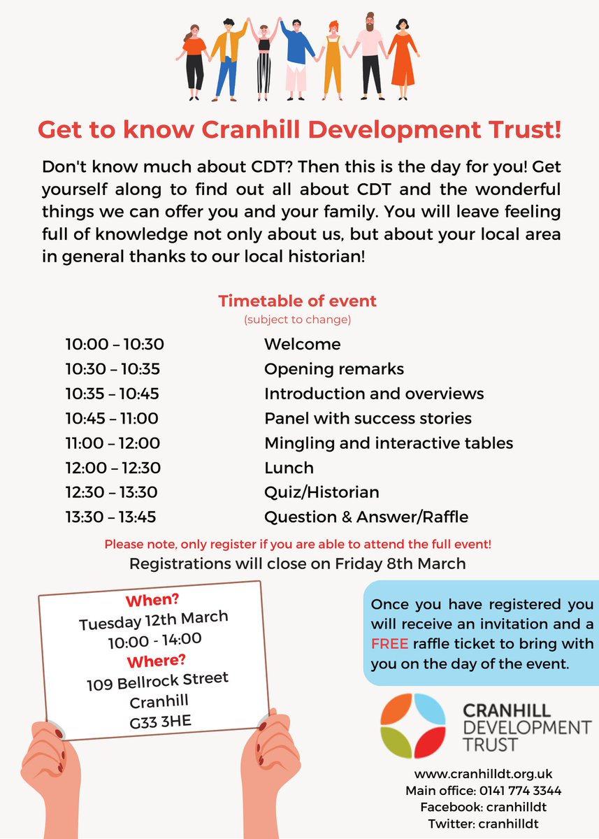 Cranhill Development Trust are having an open day on Tuesday 12th March! If you'd like to know more about what we do here and the services we provide, please register now by popping in to our organisation or calling 0141 774 3344! Spaces are limited and lunch will be provided 😀.
