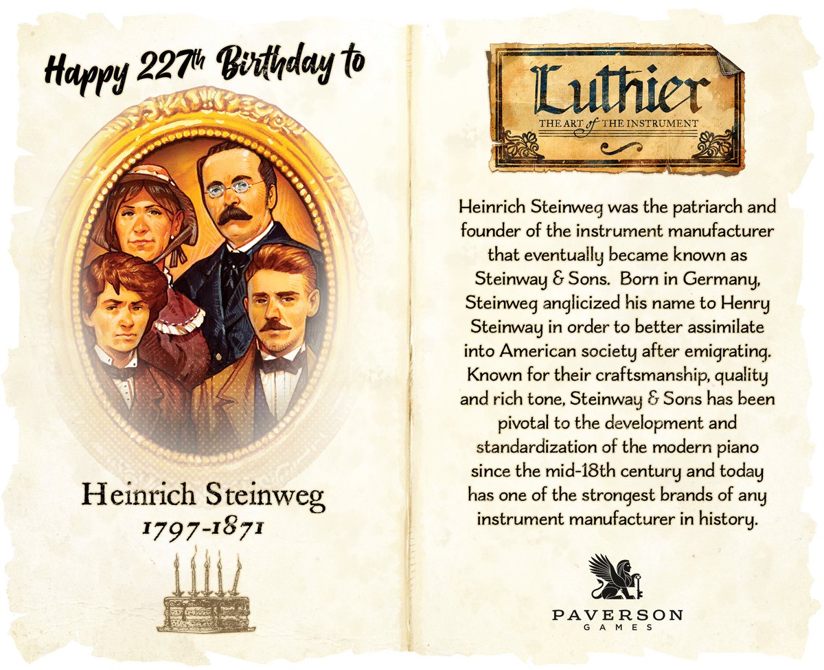 Happy 227th Birthday to Henry #Steinway! 🎹🎂 Join us as we celebrate the birthdays of 40 historical figures in classical #music for our board game, #Luthier, coming to #Kickstarter in 2024! 🎲 #piano #steinwayandsons #happybirthday #orchestra #classicalmusic #symphony