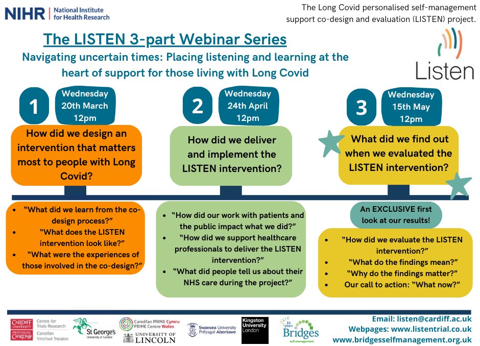 We are excited to announce a series of 3 webinars showcasing @TheLISTENproj findings from a 3-year project to co-design & evaluate a #LongCovid personalised support intervention. Webinar 1: 20th March 12pm Sign up👇 us02web.zoom.us/webinar/regist… @StGeorgesUni @KingstonUni @cardiffuni