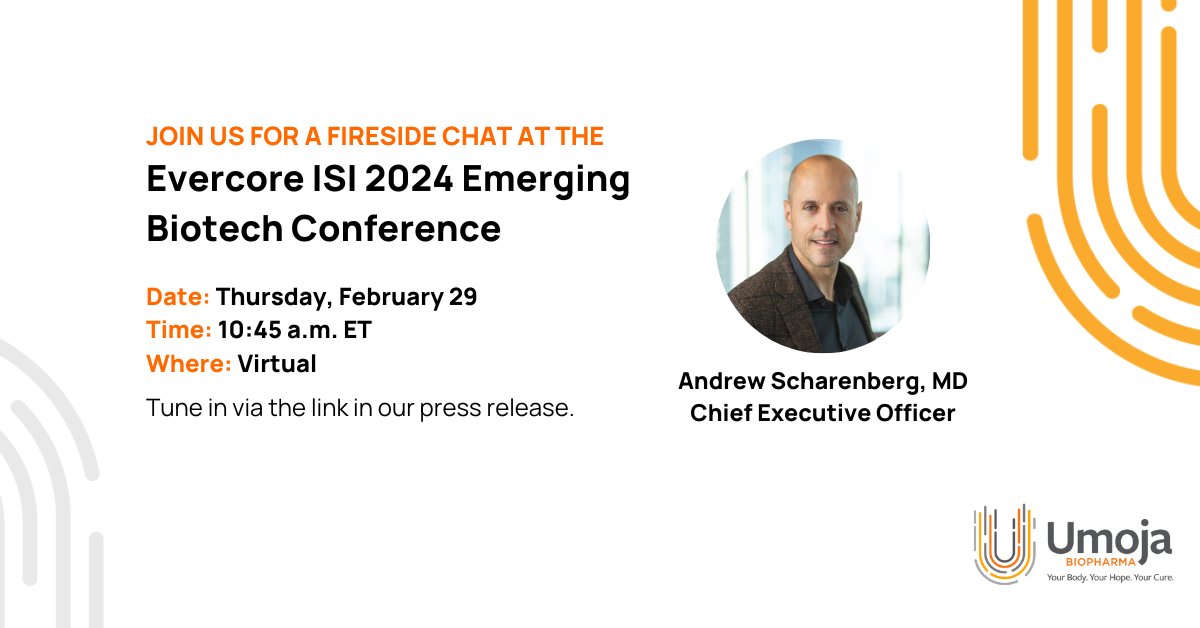 Umoja Biopharma (@umojabiopharma) on Twitter photo Our CEO <a href="/andyscharenberg/">Andrew Scharenberg</a> is participating in a virtual fireside chat at the Evercore ISI 2024 Emerging Biotech Conference on February 29 at 10:45 a.m. ET. Access the webcast here: brnw.ch/21wHdos Our CEO <a href="/andyscharenberg/">Andrew Scharenberg</a> is participating in a virtual fireside chat at the Evercore ISI 2024 Emerging Biotech Conference on February 29 at 10:45 a.m. ET. Access the webcast here: brnw.ch/21wHdos