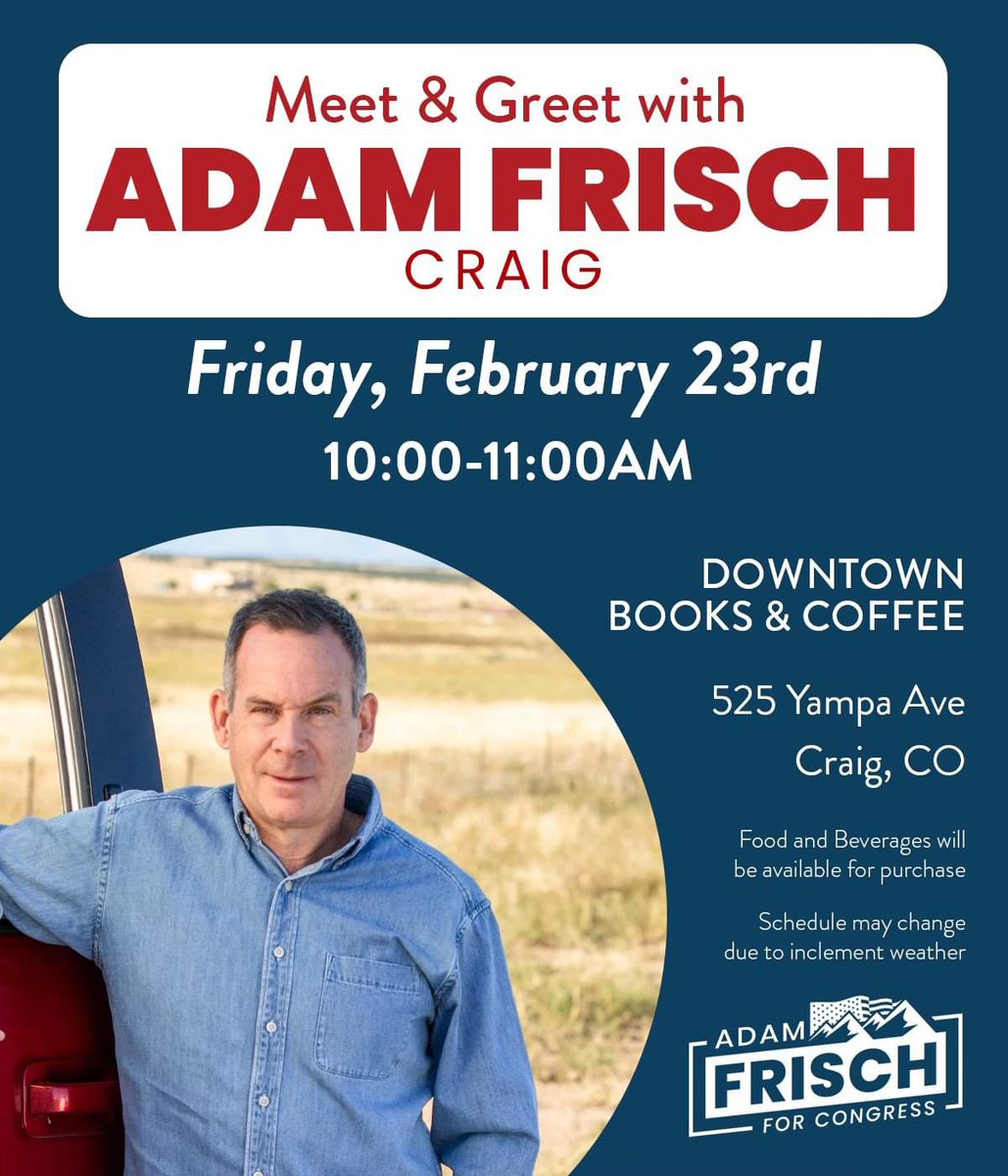 AdamForColorado's tweet photo. I’m in Montrose, Gunnison, and Delta today, but tomorrow, I’ll be making stops in Craig, Meeker, Rifle and Glenwood Springs! Hope to see you there!
#copolitics #AdamForColorado https://t.co/yV8V3JPB1h