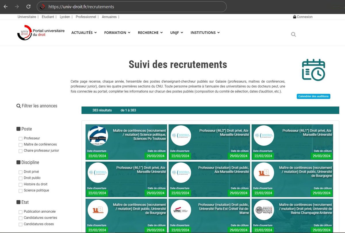 1/4 Les postes de la session synchronisée ont été publiés ce matin. La page de suivi des postes est active, depuis plusieurs mois, sur <a href="/univ_droit/">Univ-Droit</a>  : 
univ-droit.fr/recrutements