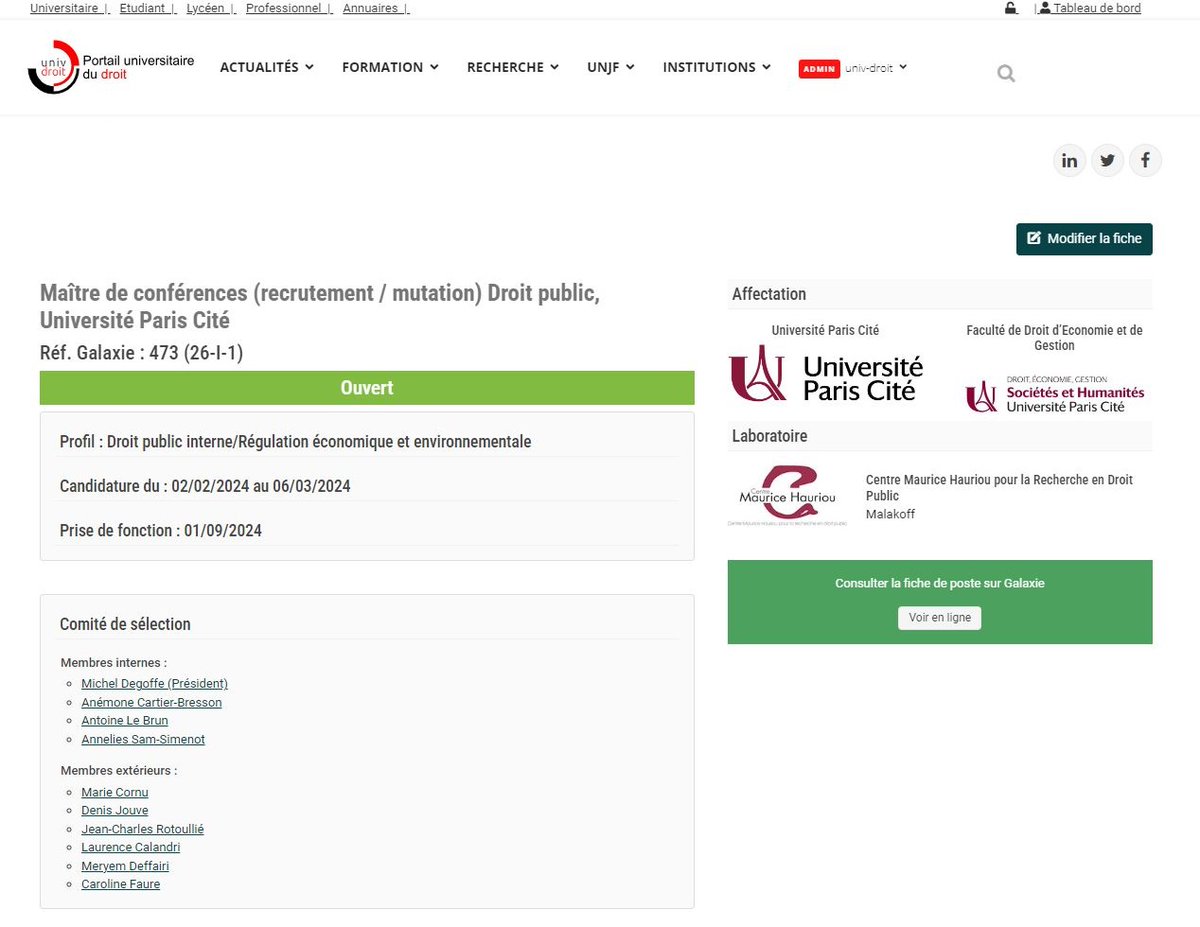 2/4 Chaque poste dispose d'une page individuelle de présentation, reprenant les informations diffusées sur Galaxie et renvoyant aux pages de la composante et du laboratoire d'affectation