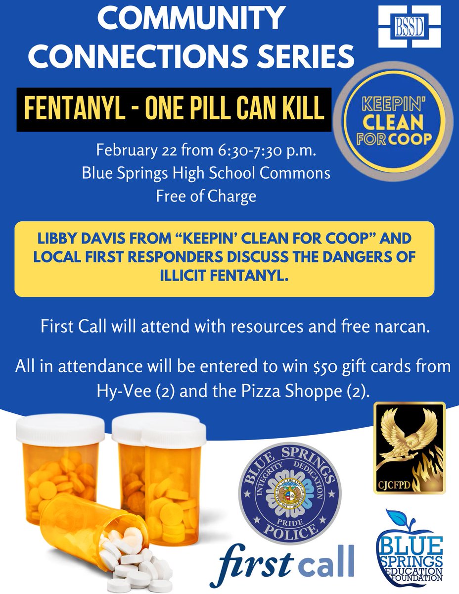 Please join us tonight for a free Community Connections Series. Don’t miss this opportunity to learn more about the dangers of illicit fentanyl. All attendees will also be entered to win one of four $50 gift cards to <a href="/HyVee/">Hy-Vee</a> or <a href="/PizzaShoppe/">Pizza Shoppe</a> courtesy of the Blue Springs Education