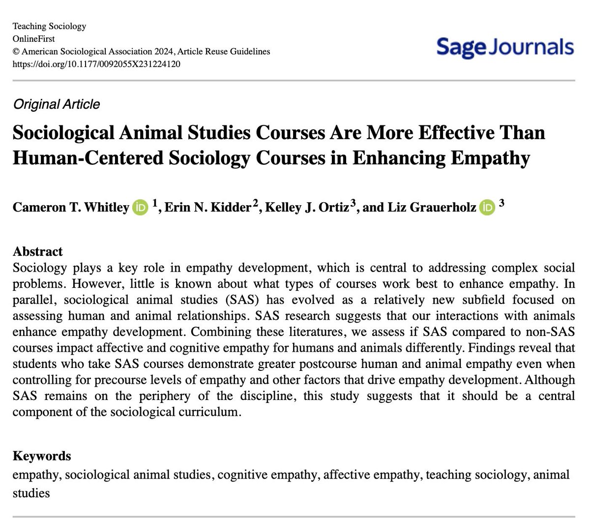 Teaching Sociology (@teaching_soc) on Twitter photo ✨New Publication✨
Want to learn about a new subfield focusing on human and animal relations? The this article is just for you! See how sociological animal studies courses aid in developing a greater empathy regarding human and animal relationships within students.
<a href="/ASAnews/">ASA Sociology</a> #SAS ✨New Publication✨
Want to learn about a new subfield focusing on human and animal relations? The this article is just for you! See how sociological animal studies courses aid in developing a greater empathy regarding human and animal relationships within students.
<a href="/ASAnews/">ASA Sociology</a> #SAS