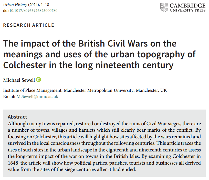 🔓 New #OpenAccess article on #FirstView

Michael Sewell, 'The impact of the British Civil Wars on the meanings and uses of the urban topography of Colchester in the long nineteenth century'

🔗 doi.org/10.1017/S09639… #UrbanHistory