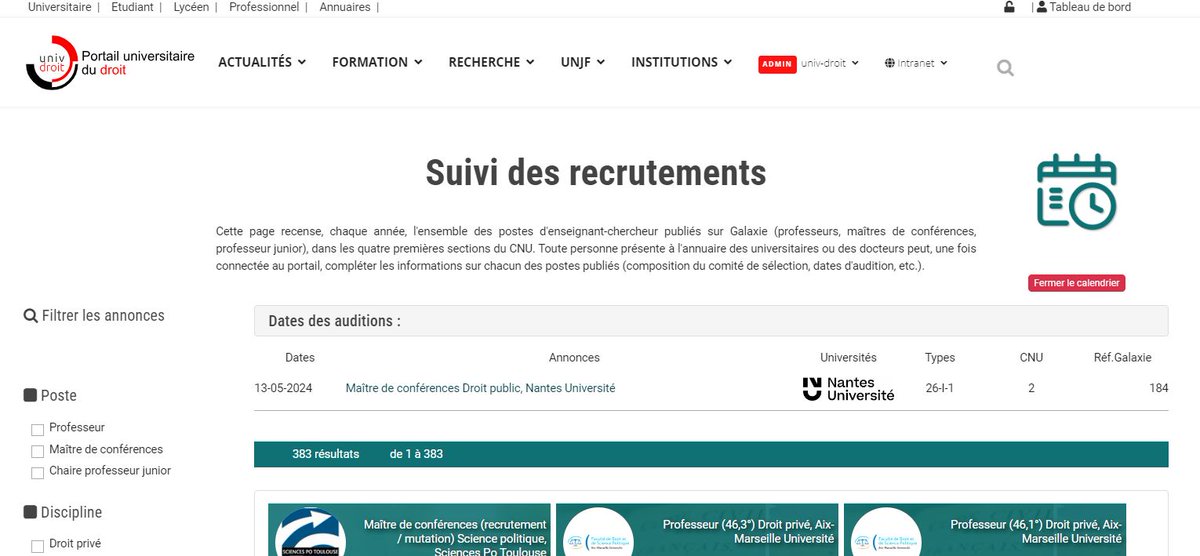 4/4 Pour les auditions, un calendrier récapitulatif est disponible en page d'accueil du suivi des recrutements
univ-droit.fr/recrutements