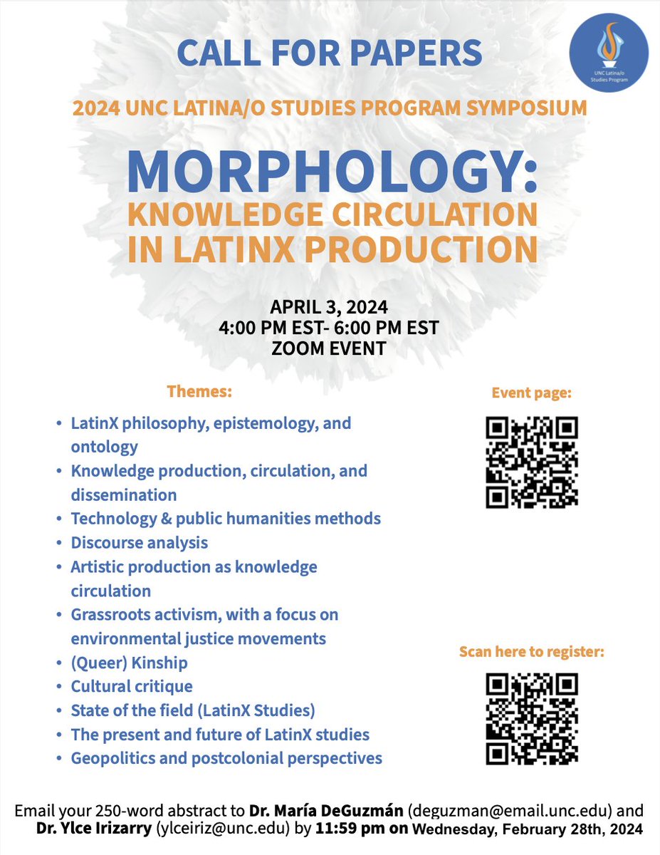 ‼️ Deadline Change! You now have until NEXT WEDNESDAY February 28th at 11:59 PM to  submit your abstracts for the 2024 UNC Latina/o Studies Program  Symposium.
💡 Find out more about the symposium and register for the zoom event at lsp.unc.edu/event/2024-sym…