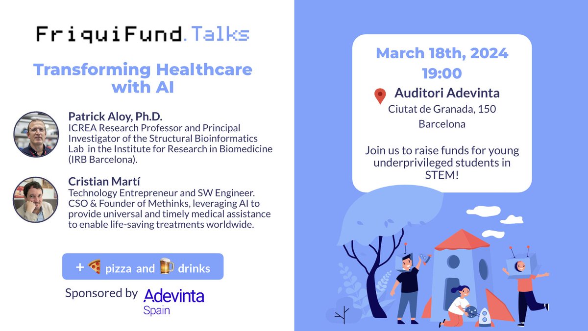 friquifund's tweet photo. Mark your calendar for our next #FFTalk 🙌
Join us on March 18th at @adevintaEng for this Fundraising Event featuring  talks by @ptck72 and @cristian_marti on "How AI is transforming the future of Healthcare"!

https://t.co/QZ02qZfkDx 

#HealthTech #fundraising #Healthcare #AI https://t.co/G9dDKFLQRK