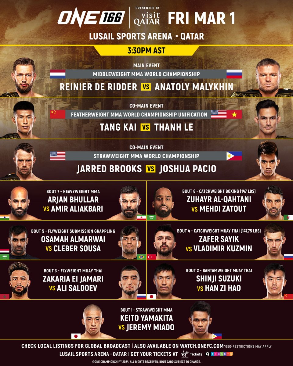 Your first look at the full bout card for ONE 166: Qatar, presented by @VisitQatar 🤩 Stamp vs. Denice Zamboanga and Tye Ruotolo vs. Izaak Michell have been rescheduled for upcoming ONE events. Official updates on these bouts will be announced in the near future. #ONE166: Qatar…