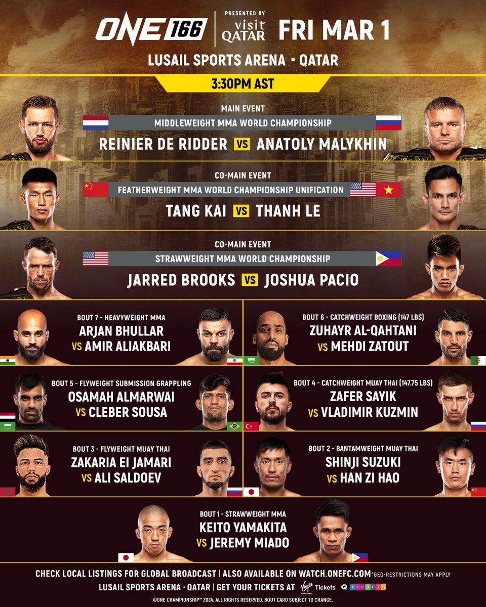 ONE Championship (@onechampionship) on Twitter photo Your first look at the full bout card for ONE 166: Qatar, presented by <a href="/VisitQatar/">Visit Qatar</a> ๐คฉ
Stamp vs. Denice Zamboanga and Tye Ruotolo vs. Izaak Michell have been rescheduled for upcoming ONE events. Official updates on these bouts will be announced in the near future.
#ONE166: Qatar Your first look at the full bout card for ONE 166: Qatar, presented by <a href="/VisitQatar/">Visit Qatar</a> ๐คฉ
Stamp vs. Denice Zamboanga and Tye Ruotolo vs. Izaak Michell have been rescheduled for upcoming ONE events. Official updates on these bouts will be announced in the near future.
#ONE166: Qatar