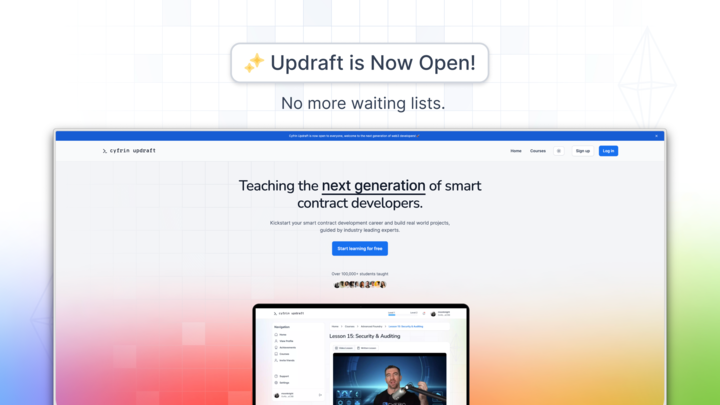 CyfrinUpdraft's tweet image. 3 months ago, we launched Cyfrin Updaft in closed beta. 

Since then, we received:
- 70,000+ applications
- 11,000+ early access students
- 2000+ feedback

Today, we open the ultimate web3 education platform to everyone ✨

Here's how to get access for free 👇