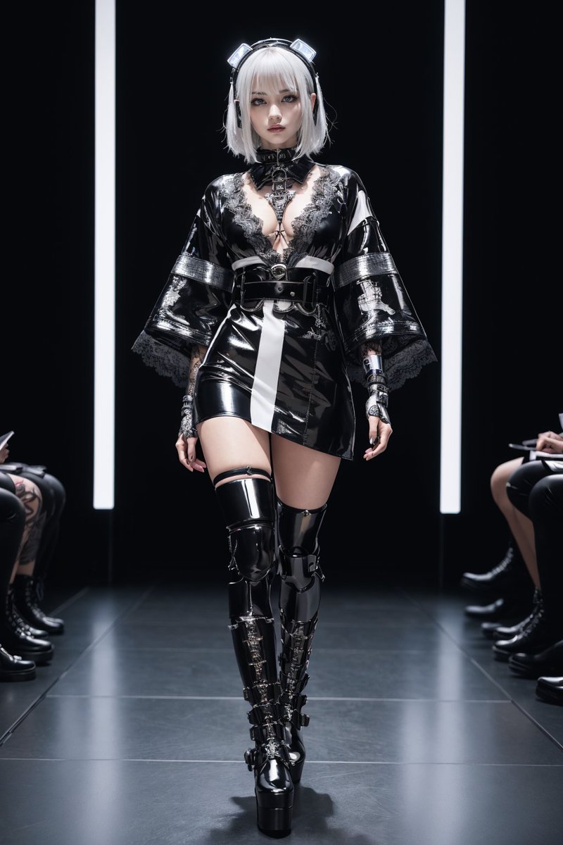 sora_biz's tweet image. AGPIさん(@AGPI_AIGAL)の【Cyber kimono Gothic】でランウェイを歩かせてもらいました🚶✨

ほんとに色々面白い衣装が登場するので、みんな試してみて😆

ランウェイプロンプト(ALT)は自由にお使い下さい

#sora_prompt #AGPI #AImodel #AIfashion #Seaart