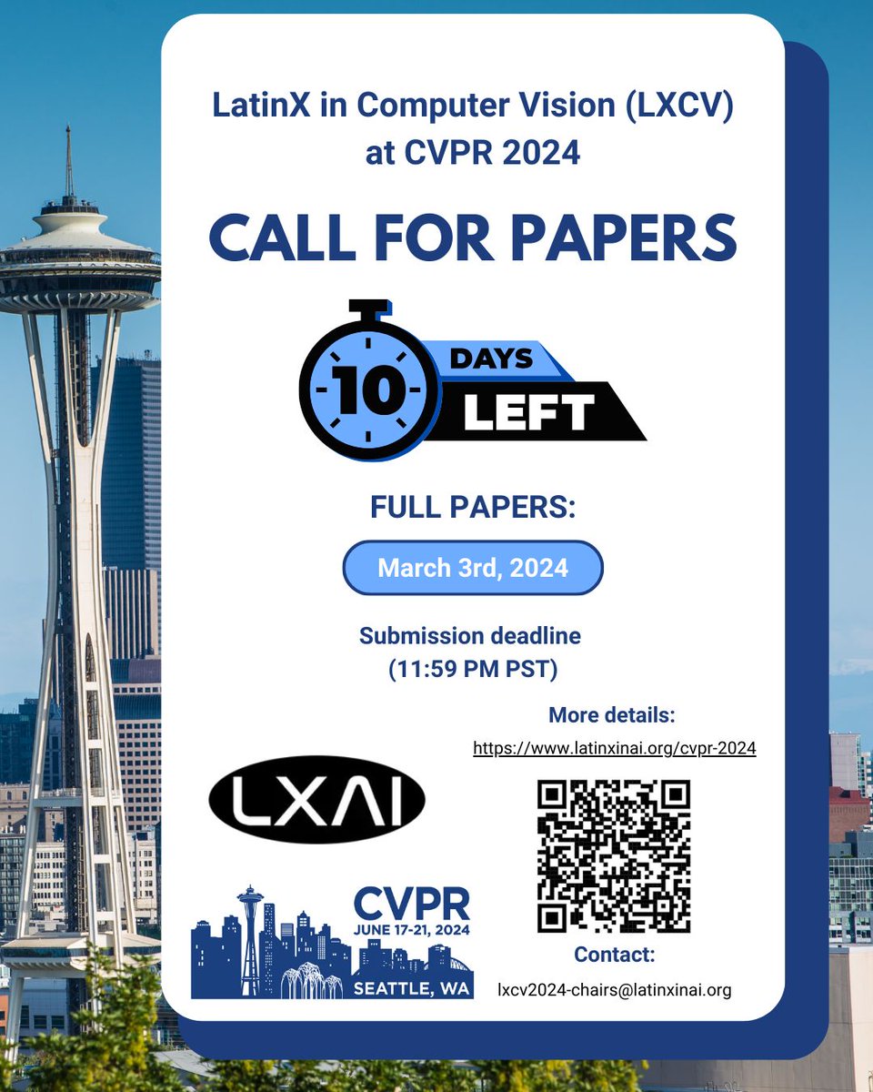 latinxincv's tweet photo. Only 10 days left to submit your paper for the upcoming LatinX in CV workshop at @CVPR 2024!
 Don't miss out on this opportunity to share your research. 
More information: https://t.co/wB8L4DvmM7 
#CallForPapers #LatinXinAI #CVPR2024 https://t.co/FCELMa04qx