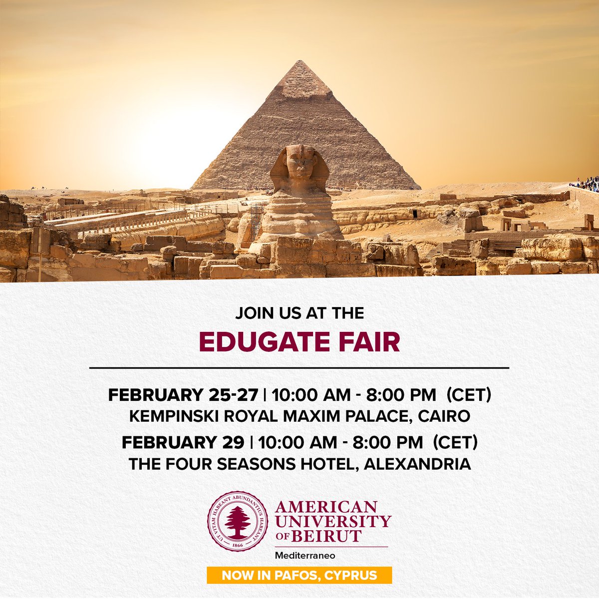 AUBMediterraneo's tweet photo. Join us to learn more about our academic programs at our new campus in Pafos, Cyprus! RSVP on https://t.co/mvjfENw8pw
#ApplyNow #EducationFair #StudyAbroad #StudyinEurope #Scholarships #HigherEducation #UndergraduatePrograms #AUBMediterraneo #Pafos #Cyprus https://t.co/LOJWB9L2TS