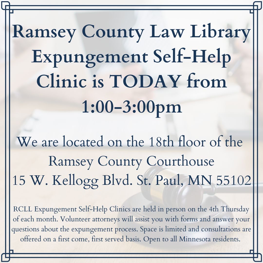RCLawLibrary's tweet photo. Good morning! We are hosting an IN-PERSON Criminal Expungement self-help clinic today starting at 1:00pm. https://t.co/VZoAiQkZyw