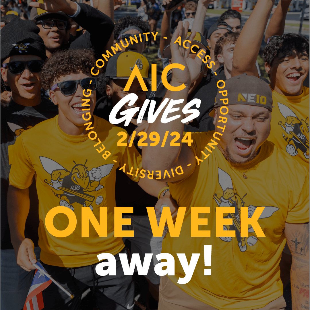 AIC GIVES 2024 IS ONLY ONE WEEK AWAY! 🎉🐝🎉🐝 This campus celebration brings together alumni, faculty, staff, students, parents, and friends for a common cause: a better future for American International College. Take the leap on February 29 at givingday.aic.edu!