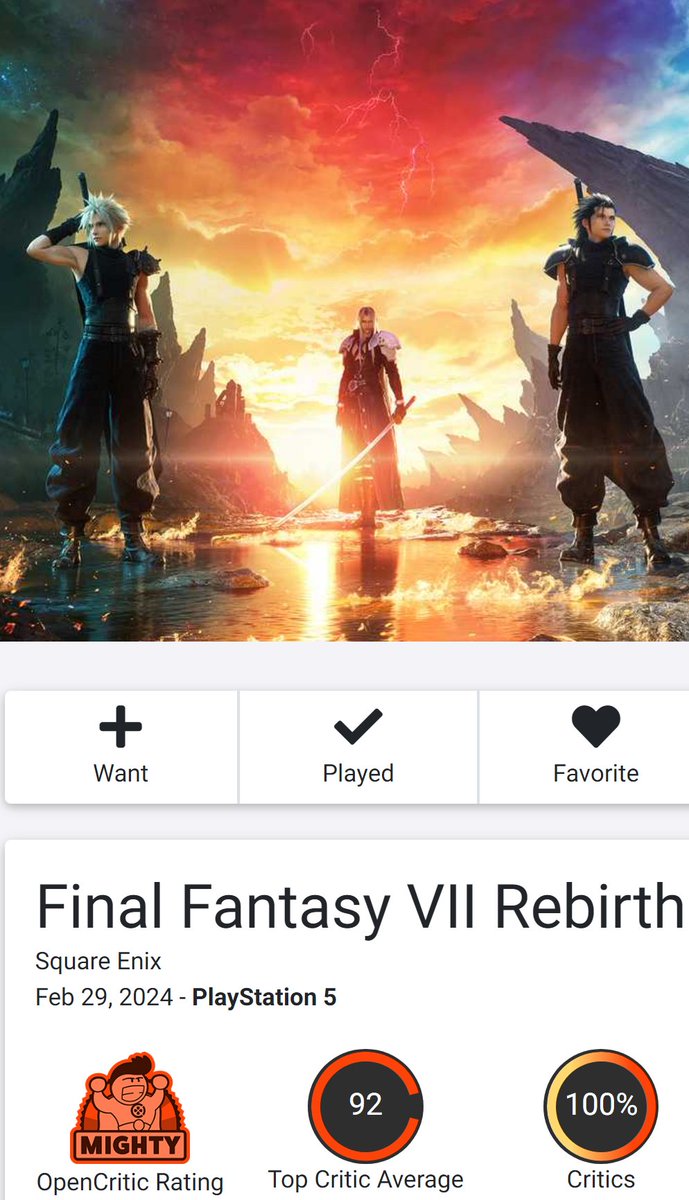Renka_schedule's tweet photo. 🔽メタスコア
87点：FF7リメイク (PS4)
89点：FF7リメイク (PS5)
93点：FF7リバース
https://t.co/j9hTJcZMKR

🔽OpenCritic
88点：FF7リメイク
92点：FF7リバース
https://t.co/KyOrdTcSA9

前作を超える高評価となりました。 https://t.co/pnFNjBM7K6