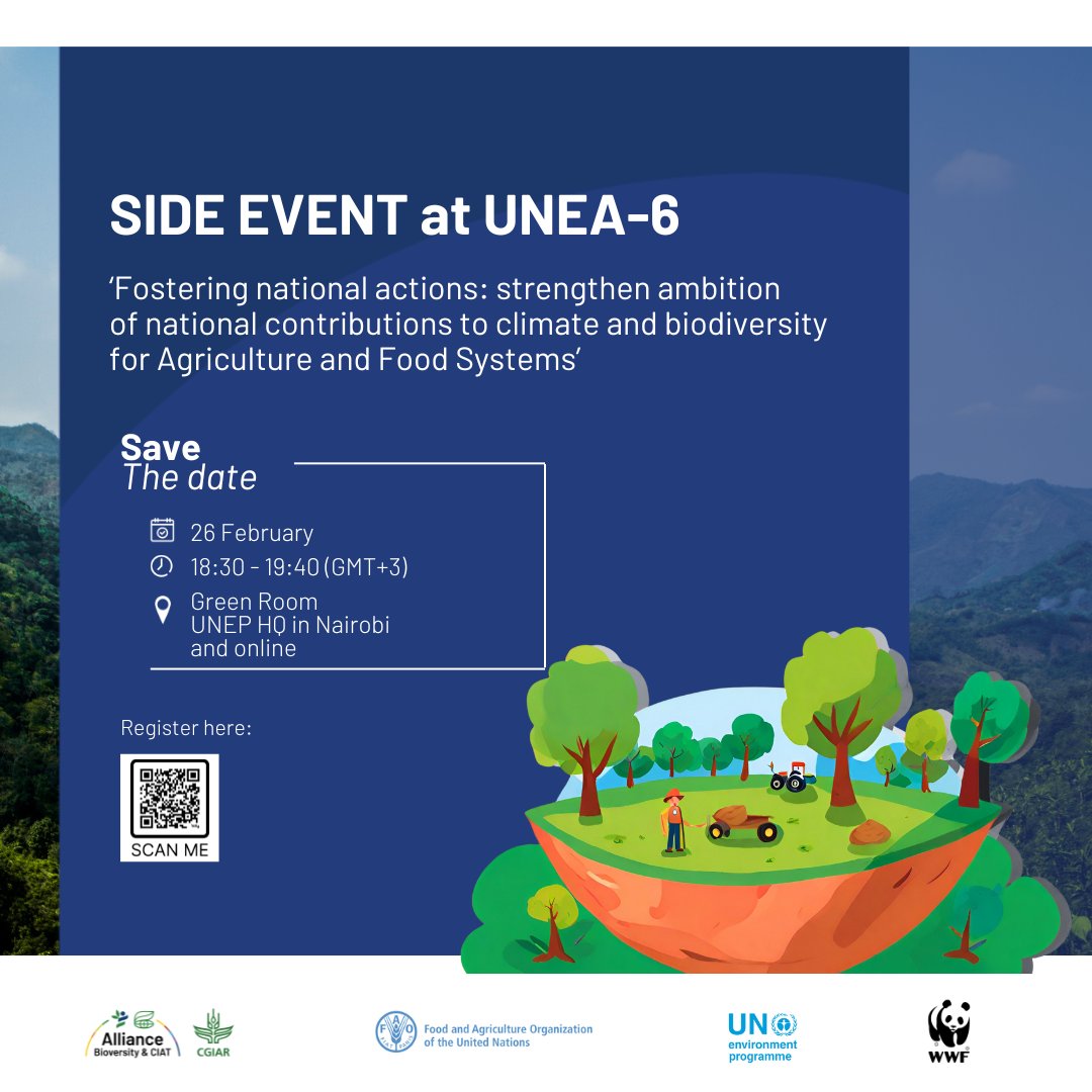 Up to 42% of GHG emissions and 70% of biodiversity loss stem from unsustainable food production &amp; consumption. It's time for change 💪. 
Join us, <a href="/WWF/">WWF</a>, <a href="/FAO/">Food and Agriculture Organization</a> &amp; <a href="/UNEP/">UN Environment Programme</a> as we unveil a tool to integrate #foodsystems in #NDCs at UNEA-6.

🔗 Register here: forms.office.com/e/CEcCuxKQBS