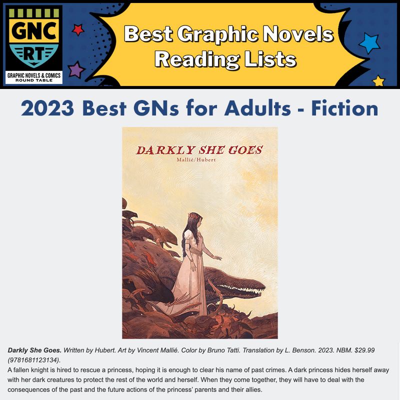 Huge congrats to @vincentmallie & Hubert's DARKLY SHE GOES for inclusion in @libcomix 2023 Best Graphic Novels for Adults reading list! #GNCRT buff.ly/3UZJHqj