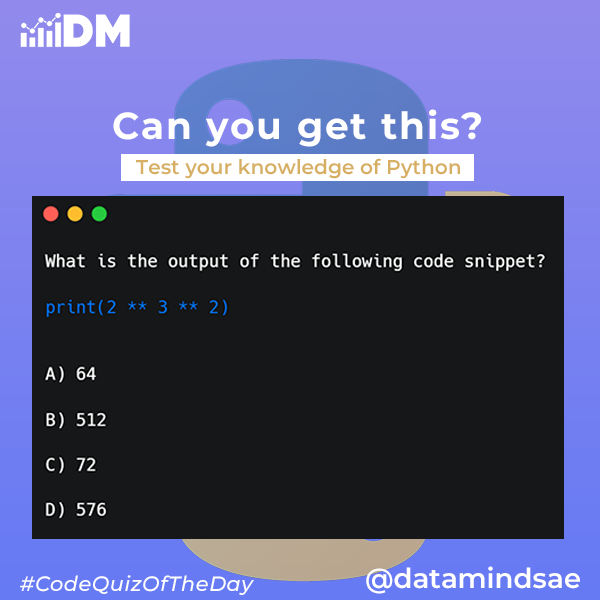 Thrive_Links's tweet photo. Let's test your knowledge of Python.
#CodeQuizOfTheDay 

#python #programming #developer #morioh #programmer #webdev #webdeveloper #webdevelopment #pythonprogramming #pythonquiz #ai #ml #machinelearning #datascience #CONNECT #100DaysOfCode https://t.co/6IbBUDuM1j