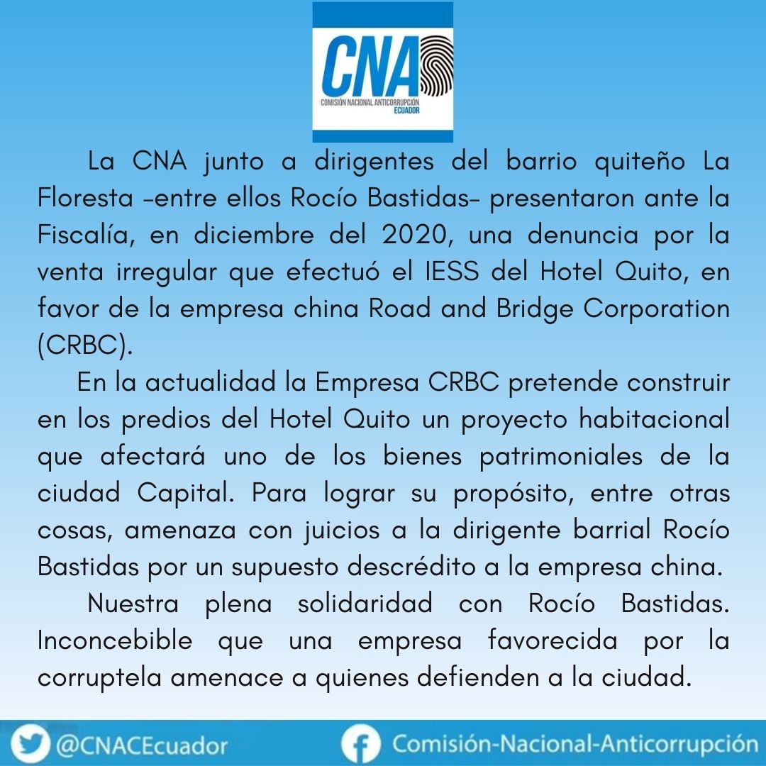 Empresa china beneficiaria de la compra irregular del Hotel Quito pretende amedrentar a dirigente barrial. Solidaridad de la CNA con Rocío Bastidas.