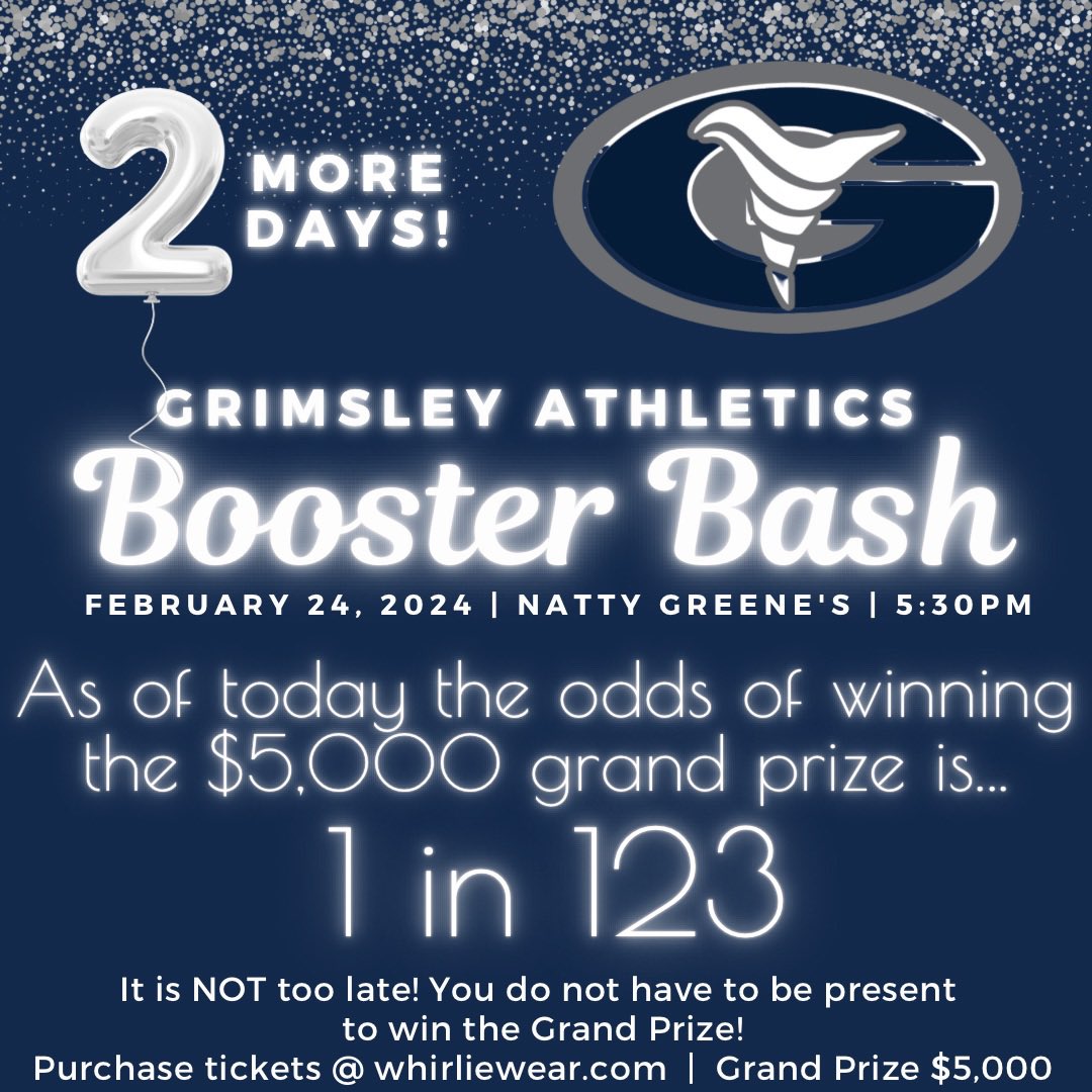 Don’t have to be present to win the Reverse Raffle Grand Prize of $5k!!! 
Who can participate?  ANYONE
How to participate?  Buy your Booster Bash ticket that includes raffle tickets-General or Gold at whirliewear.com
Come to the event or we will call you when you win!