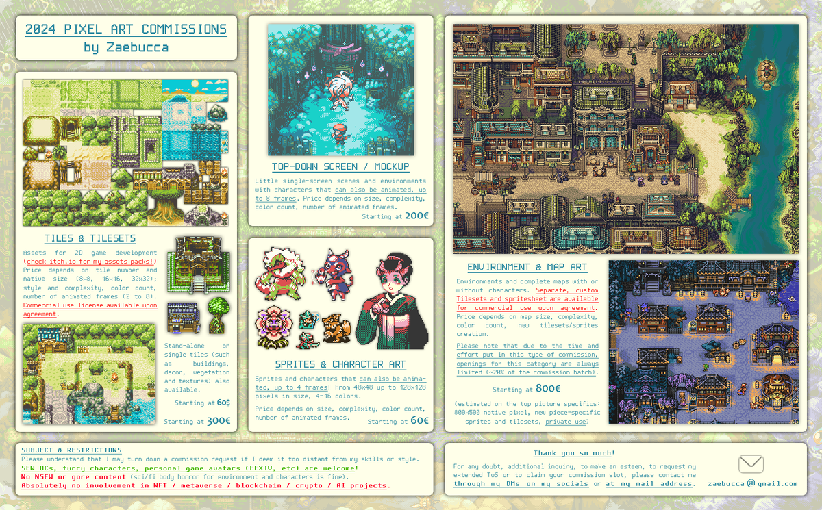 Finished my previous February batch, so commissions are officially opening to the public again!
Here's an updated commission folio with my range and price indications!
In case you're interested and want to know more, you can send me a mail or a DM!
#pixelart #commissionsopen