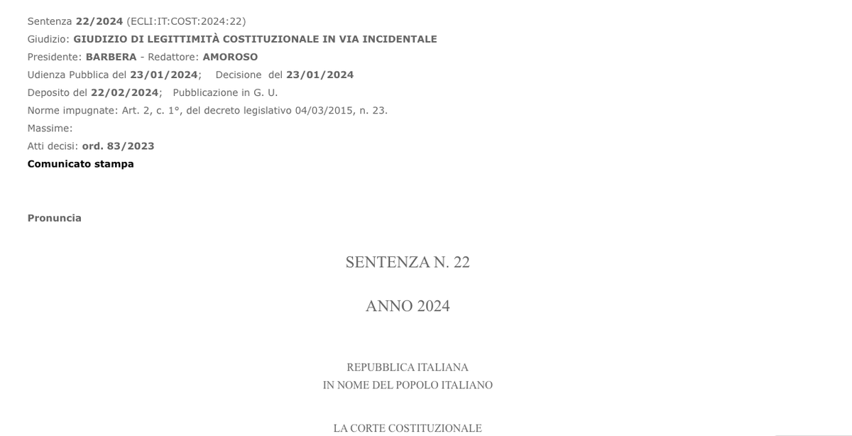 labour_lawyers's tweet photo. Corte Costituzionale, sentenza n. 22/2024: in caso di #licenziamento, la #tutela reintegratoria si applica a tutti i casi di #nullità previsti dalla legge, anche laddove la sanzione della reintegrazione non è espressamente prevista->https://t.co/4XVXruNATO https://t.co/2G6LhE69hJ