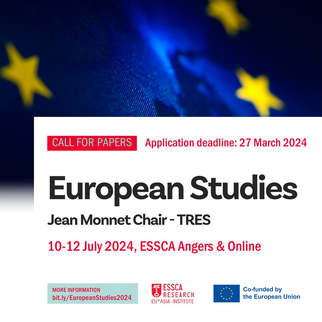 📢 CALL FOR PAPERS 📝European Studies 🗓️ Date: 10-12 July, 2024 📍 Venue: @EsscaAngers, France & Online Submit your paper and panel proposals before 27 March 2024. 👉More information: bit.ly/EuropeanStudie… #Europe #JMC @UACES @Alliance_Europa @MaxineDavid @Rout_PoliticsIR