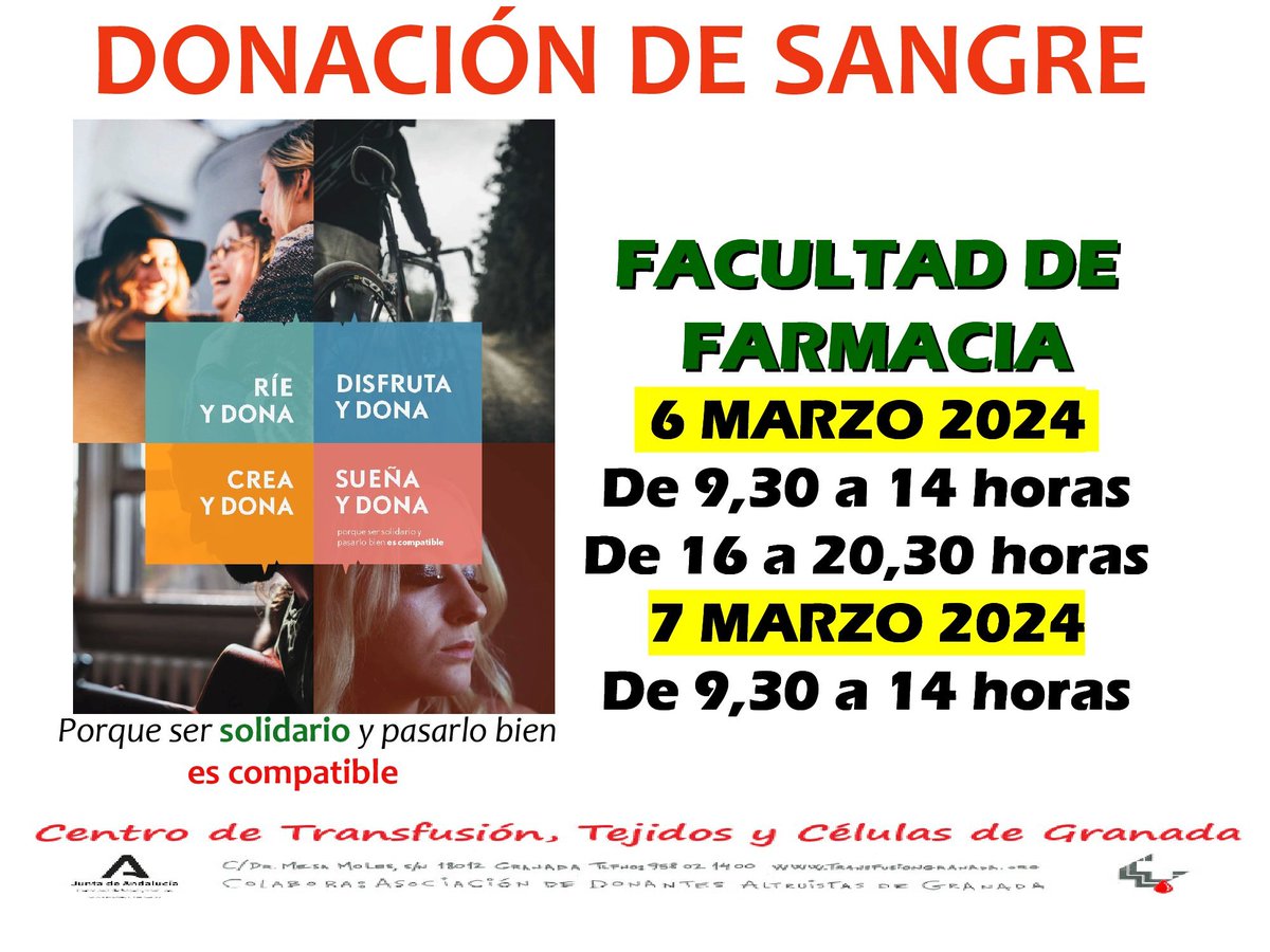Facultad de Farmacia (@ffarmaciaugr) on Twitter photo #FFarmaciaUGR 🔜♨️📌📢🔴 ESTUDIANTES ‼️ <a href="/DEFFarmacia_/">Delegación Farmacia UGR</a> Se hace llamamiento para colaboración masiva con donación de sangre a <a href="/BiobancoDelSSPA/">Biobanco del SSPA</a> de <a href="/saludand/">Consejería de Salud y Consumo</a>, 6-7 marzo 2024. ¡¡ PARTICIPA !! #FFarmaciaUGR 🔜♨️📌📢🔴 ESTUDIANTES ‼️ <a href="/DEFFarmacia_/">Delegación Farmacia UGR</a> Se hace llamamiento para colaboración masiva con donación de sangre a <a href="/BiobancoDelSSPA/">Biobanco del SSPA</a> de <a href="/saludand/">Consejería de Salud y Consumo</a>, 6-7 marzo 2024. ¡¡ PARTICIPA !!